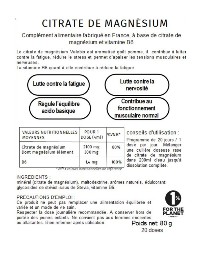 Citrate de Magnésium Complément Alimentaire en Poudre Valebio
